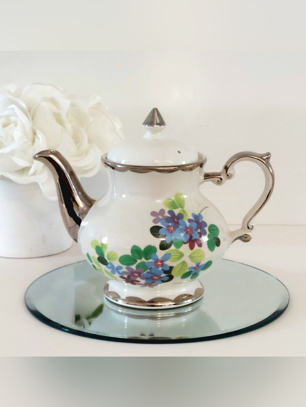 Vintage Gibson Staffordshire Tiffany Teapot Silver Trim Floral Design England